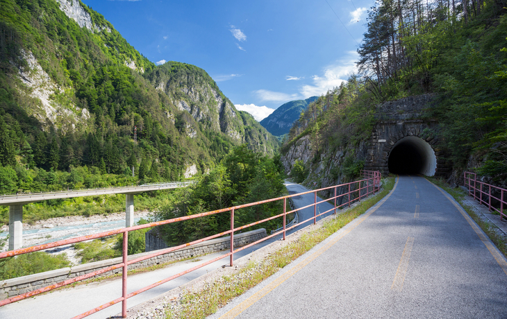 Straße mit Tunnel in gebirgiger Landschaft, umgeben von grünen Bäumen und Fluss.