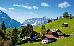 Dorf in den Alpen mit Holzhäusern, grünen Wiesen und Bergen im Hintergrund