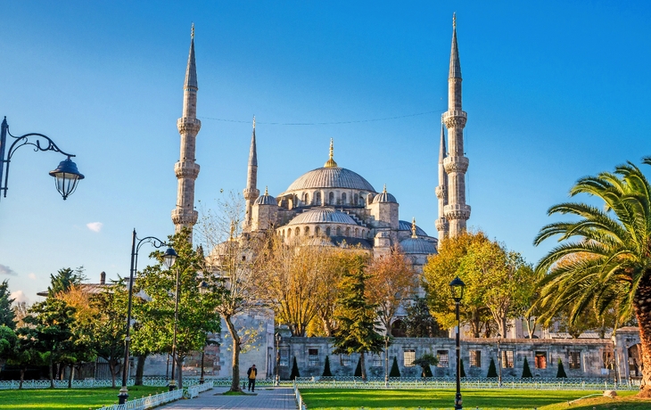 Die Blaue Moschee in Istanbul bei klarem Himmel, umgeben von Bäumen und Rasenflächen.