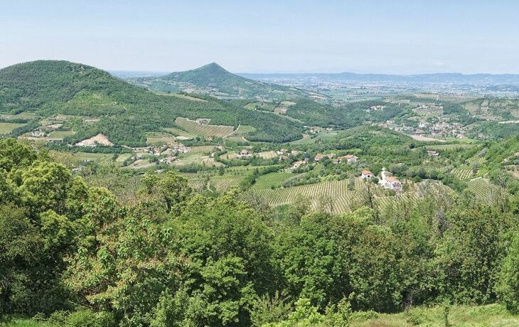 Blick auf die grünen Euganeischen Hügel mit verstreuten Dörfern und bewaldeten Flächen.