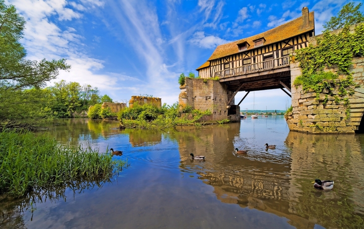 Altes Fachwerkhaus auf Brücke über Fluss mit Enten im Vordergrund.
